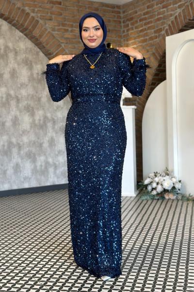 Melike Payetli Kalem Tesettür Abiye Lacivert