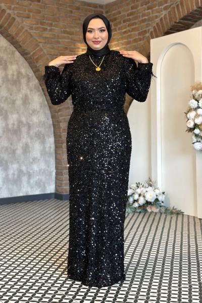 Melike Payetli Kalem Tesettür Abiye Siyah