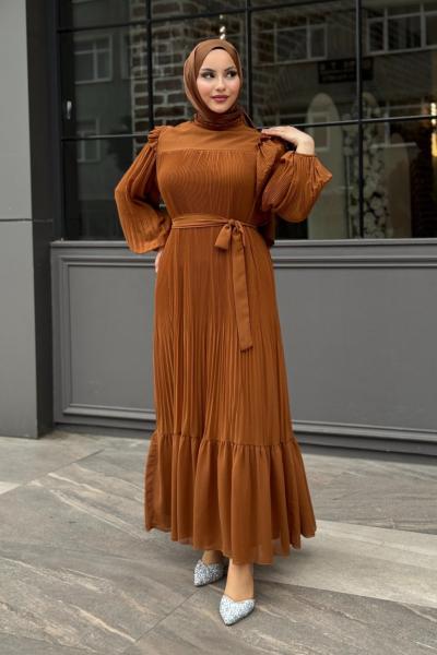 ŞEYDA ŞİFON PİLİSELİ ELBİSE Taba