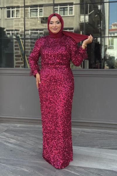 Melike Payetli Kalem Tesettür Abiye Fuşya