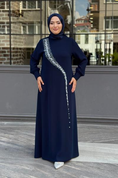 Hazan Tesettür Abiye Koyu Lacivert