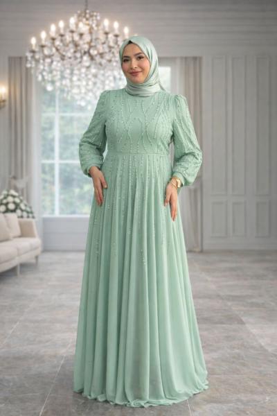 Elmas Tül Tesettür Abiye Mint Yeşili