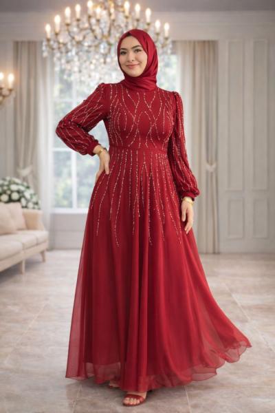 Elmas Tül Tesettür Abiye Bordo