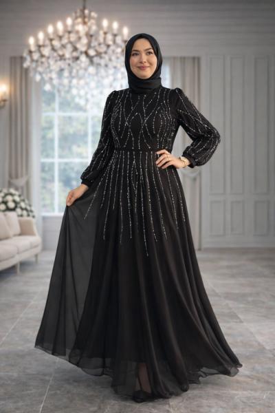 Elmas Tül Tesettür Abiye Siyah