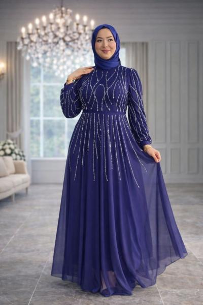 Elmas Tül Tesettür Abiye Saks Mavisi