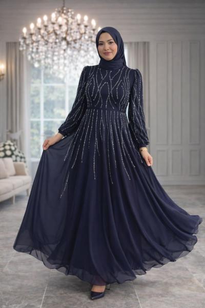 Elmas Tül Tesettür Abiye Lacivert