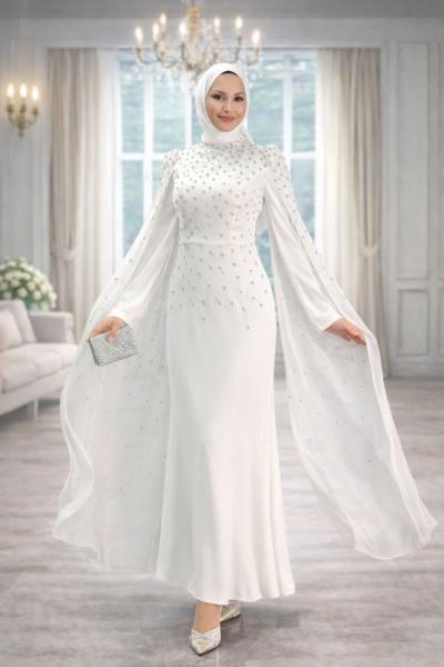 Defne Tesettür Abiye Beyaz