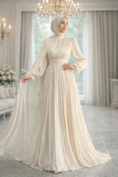 İpek Tesettür Abiye Krem