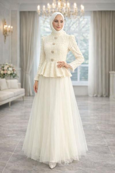 Eylül Tesettür Abiye Krem