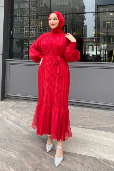 Ebru Piliseli Jan Jan Abiye Tesettür Kırmızı